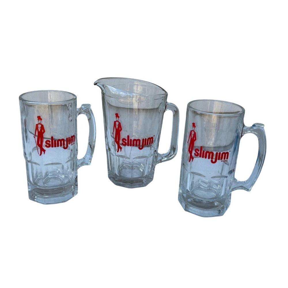 Vintage Slim Jim Glassware Set‎ 2 Beer Mugs 1 Pitcher Red Mascot Logo Barware